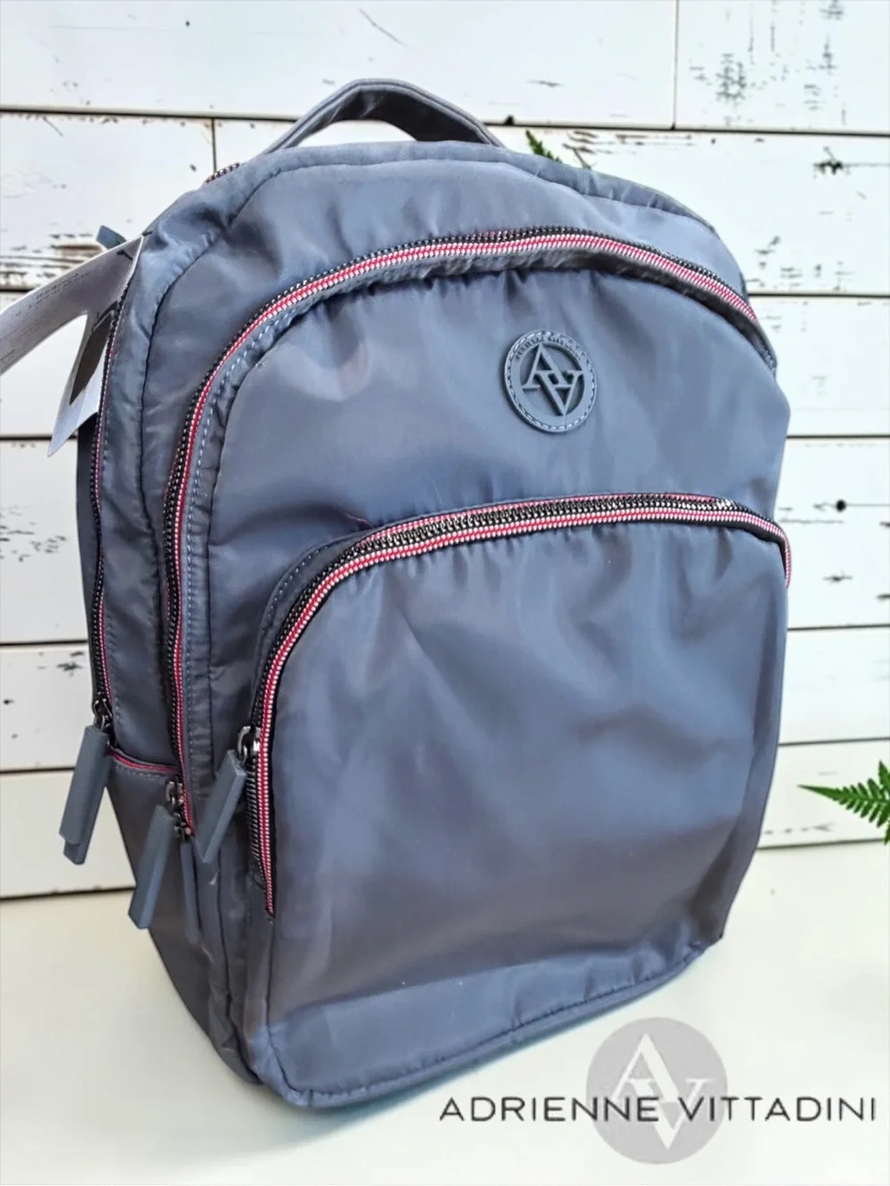 NWT Adrienne Vittadini Grey Nylon Logo Backpack - Red/White Zip Accents